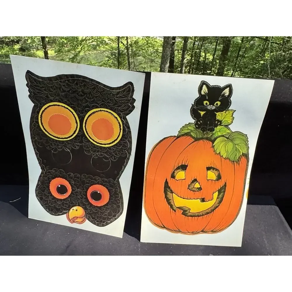 2 Vintage Halloween Masks Hallmark Paper Oscar Owl & Percy Pumpkin Unused!